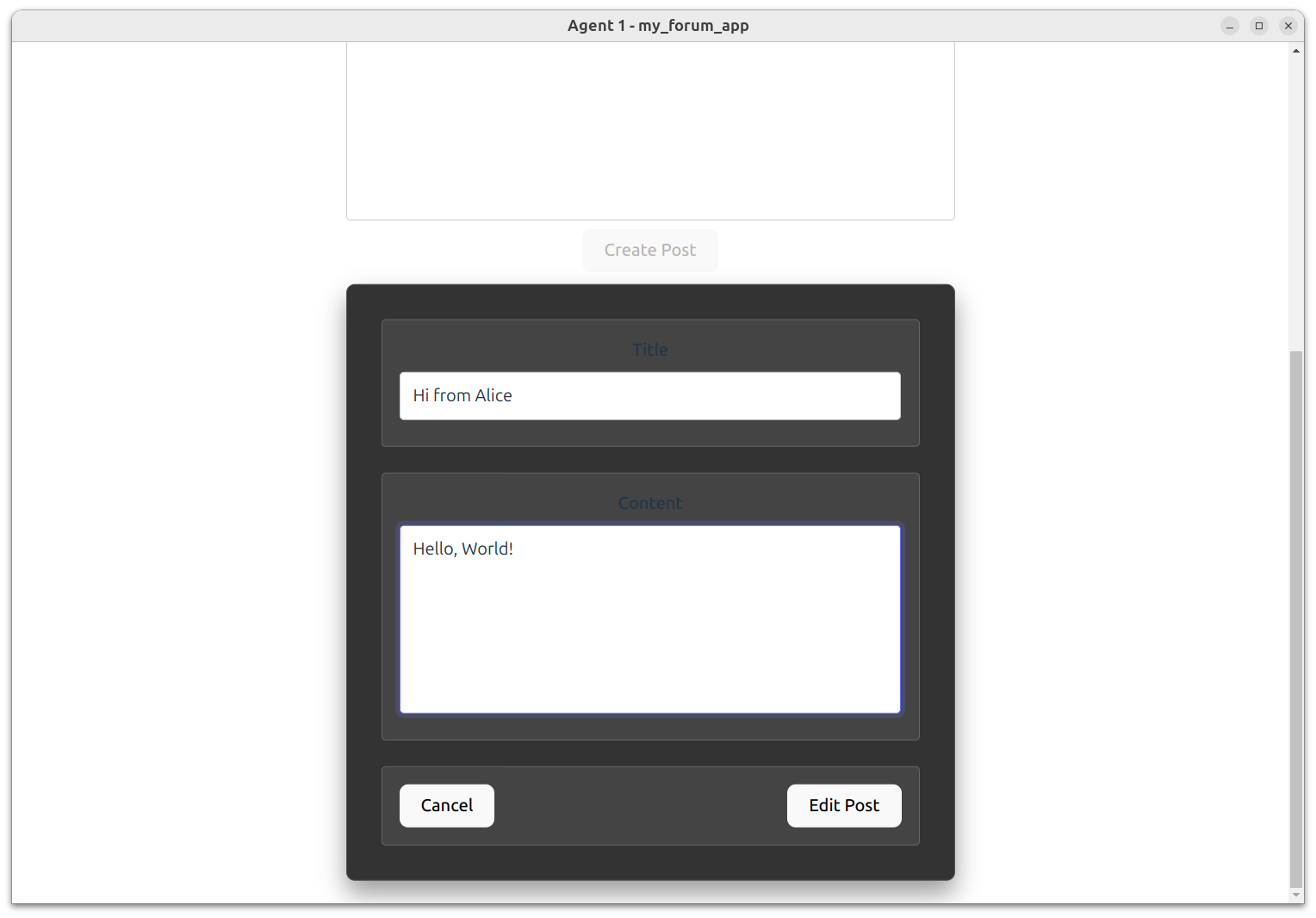 The UI of one agent, showing a post about to be edited